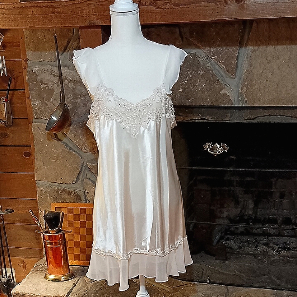 Satin Lace-Trim Chemise Slip in Ivory
